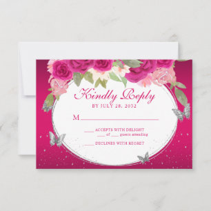 Tarjeta De Confirmación De Asistencia Floral Plata rosa Tiara Mariposa Quinceañera