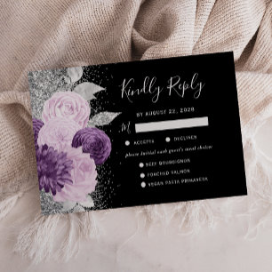 Tarjeta De Confirmación De Asistencia Floral Purple Silver Comida Elección Boda negro