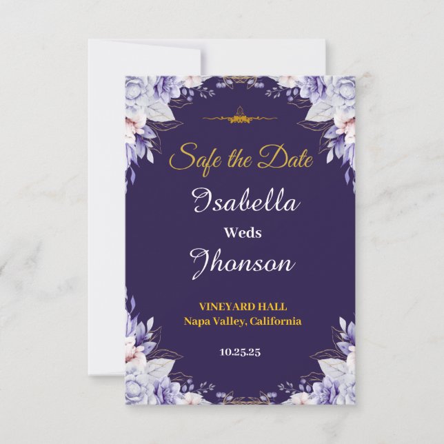 Tarjeta De Confirmación De Asistencia Floral Purple Wedding Save the Date (Anverso)