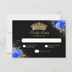 Tarjeta De Confirmación De Asistencia Floral Quinceanera, Purpurina de oro azul de la ma