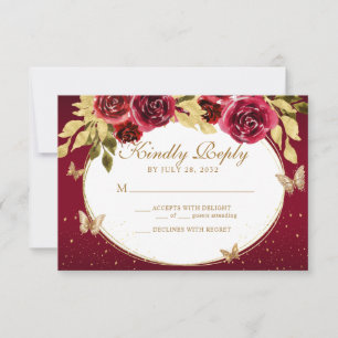 Tarjeta De Confirmación De Asistencia Floral Red Gold Tiara Mariposa Quinceañera