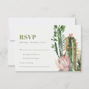 TARJETA DE CONFIRMACIÓN DE ASISTENCIA FLORAL ROSA FOLIAGE DE CACTUS DEL DESIERTO ACUAREL