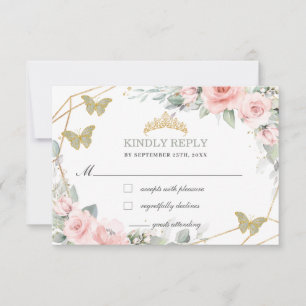 Tarjeta De Confirmación De Asistencia Floral rosa Quinceañera Sage Green Butterflies