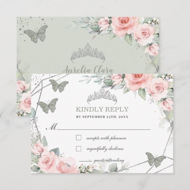 Tarjeta De Confirmación De Asistencia Floral rosa Quinceañera Sage Green Butterflies (Anverso / Reverso)