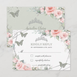 Tarjeta De Confirmación De Asistencia Floral rosa Quinceañera Sage Green Butterflies