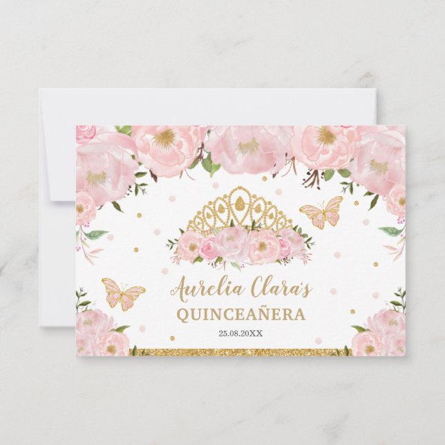 Tarjeta De Confirmación De Asistencia Floral rosa Rubor Tiara Quinceañera Butterflies (Reverso)