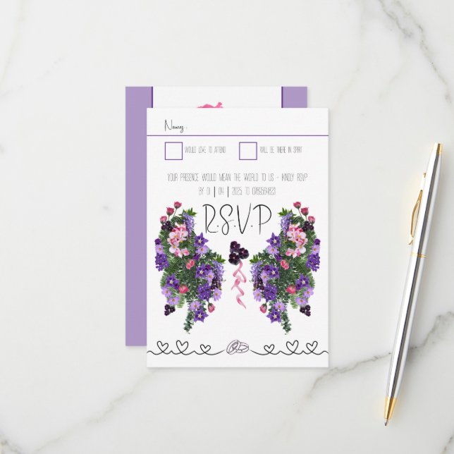 Tarjeta De Confirmación De Asistencia Floral rosa y morada (Anverso/Reverso In Situ)