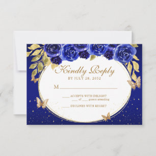 Tarjeta De Confirmación De Asistencia Floral Royal Blue Gold Tiara Butterfly Quinceañera