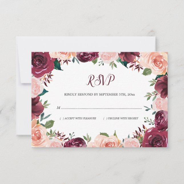 Tarjeta De Confirmación De Asistencia Floral Rubor Borgoña Rosa Boda fronterizo (Anverso)