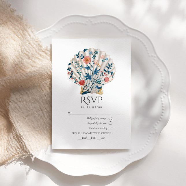 Tarjeta De Confirmación De Asistencia Floral Seashell Coastal Beach Wedding Nautical (Floral Seashell Coastal Beach Wedding Nautical RSVP Card)