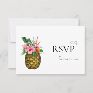 Tarjeta De Confirmación De Asistencia Floral tropical hawaiana y piña con comida