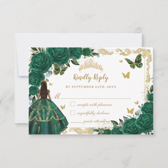 Tarjeta De Confirmación De Asistencia Floral verde esmeralda Quinceañera Brown Princess (Anverso)