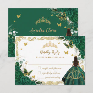 Tarjeta De Confirmación De Asistencia Floral verde esmeralda Quinceañera Princesa Corona