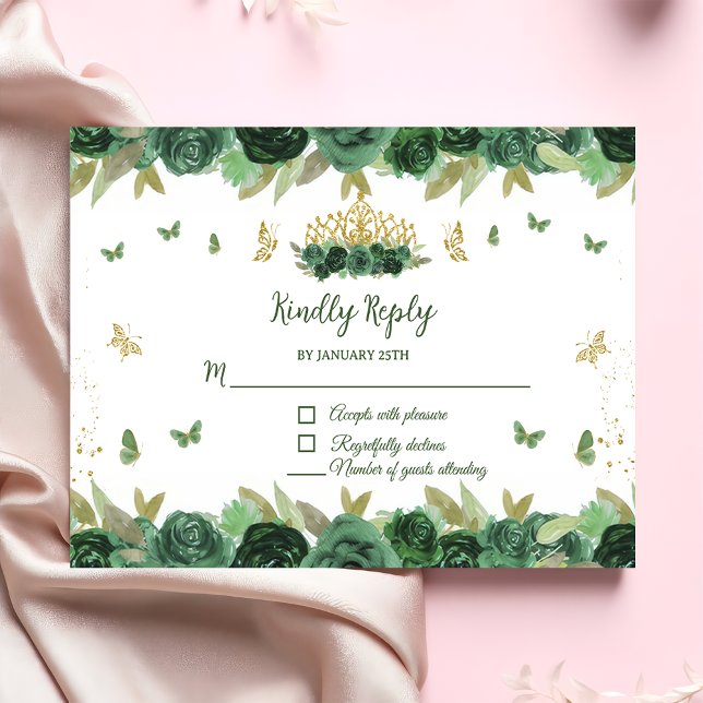 Tarjeta De Confirmación De Asistencia Floral verde esmeralda tiara + mariposa Quinceaner (Subido por el creador)