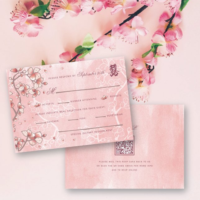 Tarjeta De Confirmación De Asistencia Florecimiento de la sonda doble felicidad Boda chi (Pink Peach/Plum Blossoms Double Happiness Elegant Chinese Wedding RSVP Card @ fatfatin_red_knot)