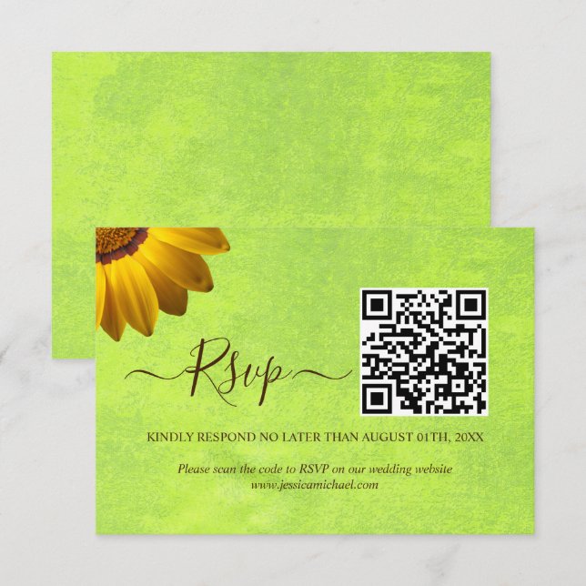 Tarjeta De Confirmación De Asistencia Flores amarillas sobre el Boda Verde abstracto (Anverso / Reverso)