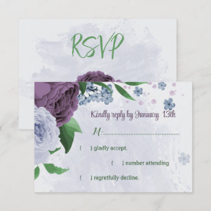 Tarjeta De Confirmación De Asistencia Flores azul polvorientas moradas hojas verdes boda