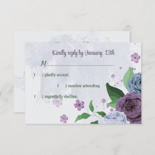 Tarjeta De Confirmación De Asistencia Flores azul polvorientas moradas hojas verdes boda