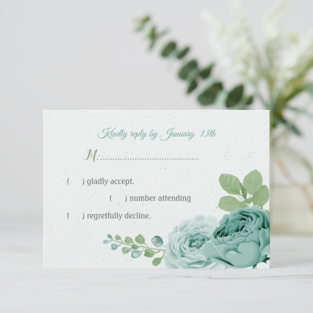 Tarjeta De Confirmación De Asistencia flores azules bonito hojas verdes (Anverso de pie)