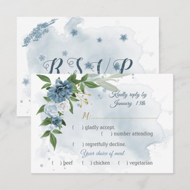 Tarjeta De Confirmación De Asistencia flores azules románticas vegetación elección de co (Anverso / Reverso)