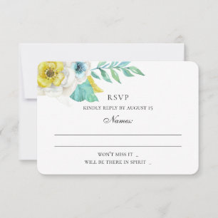 Tarjeta De Confirmación De Asistencia Flores azules y amarillas. Boda floral de menta