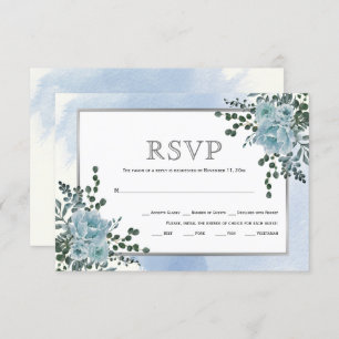 Tarjeta De Confirmación De Asistencia Flores azules y turbias, hojas de boda invernal fl