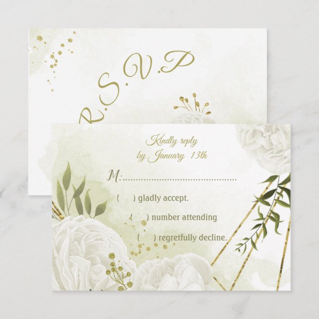 Tarjeta De Confirmación De Asistencia flores blancas bonito hojas verdes botánicas (Anverso / Reverso)