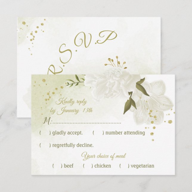 Tarjeta De Confirmación De Asistencia flores blancas bonito hojas verdes botánicas (Anverso / Reverso)