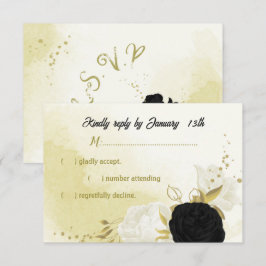 Tarjeta De Confirmación De Asistencia flores blancas negras hojas de oro
