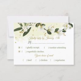 Tarjeta De Confirmación De Asistencia flores blancas y doradas hojas verdes opción