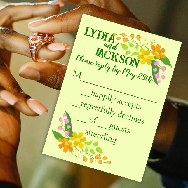 Tarjeta De Confirmación De Asistencia Flores brillantes en Boda amarillo pálido (Subido por el creador)