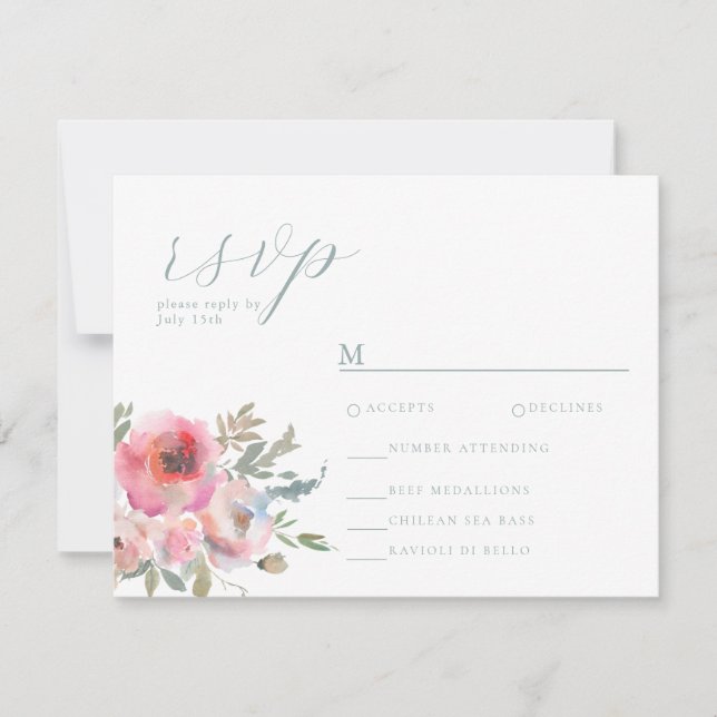 Tarjeta De Confirmación De Asistencia Flores de algodón románticas Rubor Blue Sage (Anverso)