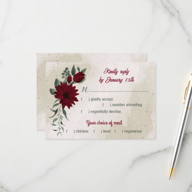 Tarjeta De Confirmación De Asistencia Flores de Borgoña vegetación boda (Anverso/Reverso In Situ)