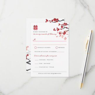 Tarjeta De Confirmación De Asistencia Flores De Cerezo Rojo Y Boda Chino Doble Xi