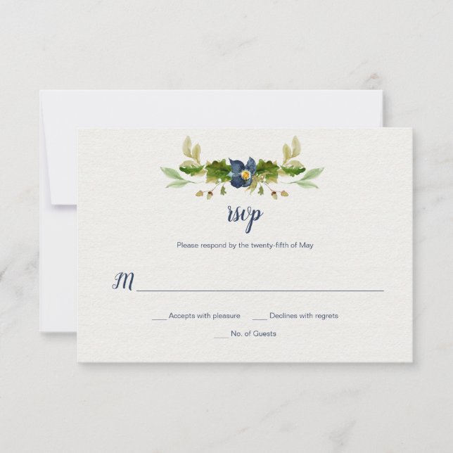 Tarjeta De Confirmación De Asistencia Flores de color de agua azul, alcornoques, hojas d (Anverso)
