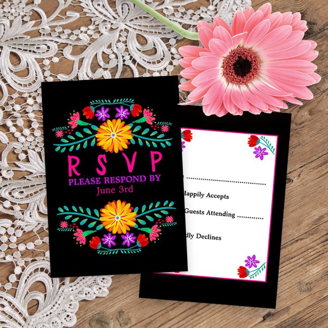 Tarjeta De Confirmación De Asistencia Flores de Fiesta Mexicana Quinceanera Negra (Colorful RSVP from my Mexican Fiesta Floral collection
)
