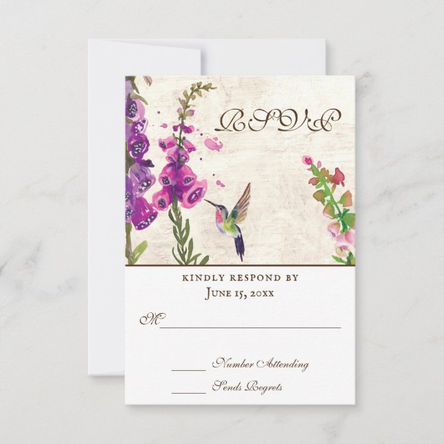 Tarjeta De Confirmación De Asistencia Flores De Foxglove, Colibrí Todo En Un Boda (Anverso)