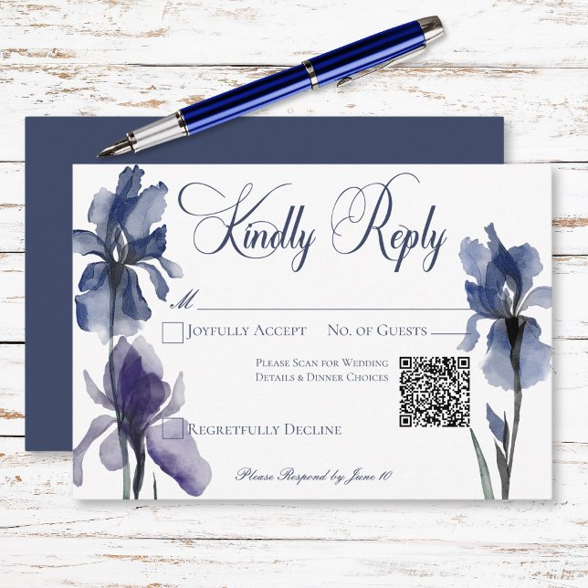 Tarjeta De Confirmación De Asistencia Flores de iris azules Código QR Boda moderno (Blue Iris Flowers Modern Wedding QR Code RSVP Card)