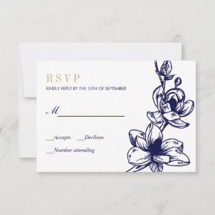 Tarjeta De Confirmación De Asistencia Flores de la Magnolia Oro Azul de la Marina Boda d