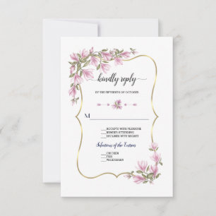 Tarjeta De Confirmación De Asistencia Flores de Magnolia acuarela florecen boda de oro