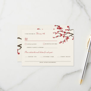 Tarjeta De Confirmación De Asistencia Flores de Sakura Rojas Florecen cerezos Boda asiát