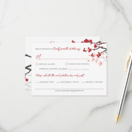 Tarjeta De Confirmación De Asistencia Flores de Sakura Rojas Florecen cerezos Boda asiát