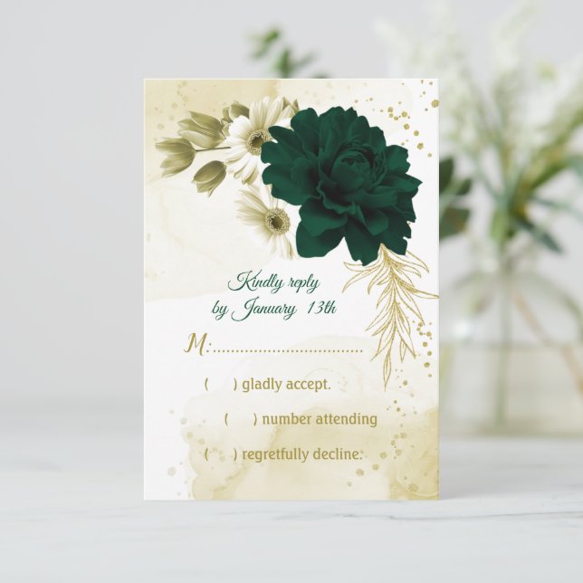 Tarjeta De Confirmación De Asistencia Flores doradas de marfil verde esmeralda asombrosa (Anverso de pie)