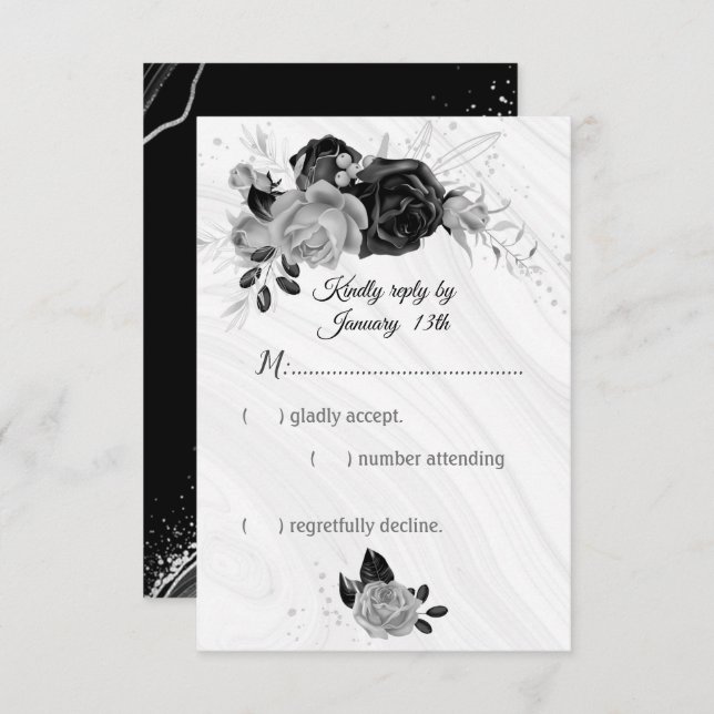 Tarjeta De Confirmación De Asistencia Flores elegantes de plata y negro (Anverso / Reverso)