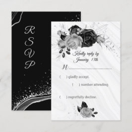 Tarjeta De Confirmación De Asistencia Flores elegantes de plata y negro