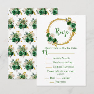 Tarjeta De Confirmación De Asistencia Flores Elegantes de Verde Oscuro y Dorado Cumpleañ