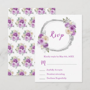 Tarjeta De Confirmación De Asistencia Flores Elegantes Moradas y Plateadas Cumpleaños Di