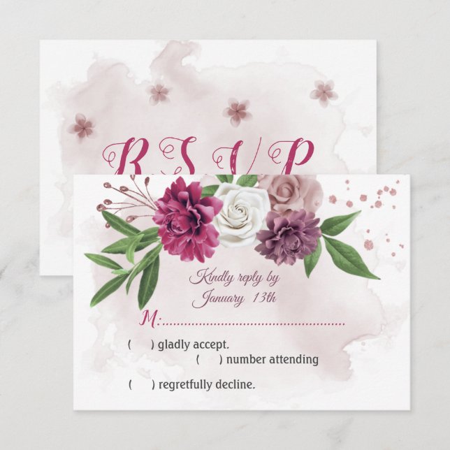 Tarjeta De Confirmación De Asistencia flores mauve rosadas botánicas (Anverso / Reverso)
