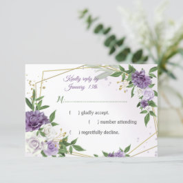 Tarjeta De Confirmación De Asistencia flores púrpuras oro botánico geométrico