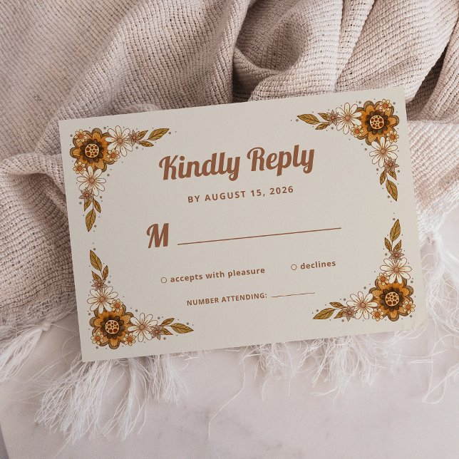 Tarjeta De Confirmación De Asistencia Flores retro Boho | BODA (A trendy, neutral wedding rsvp card with retro flowers)